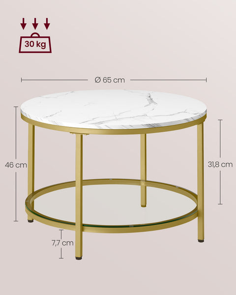 Rootz Marble White-Light Gold Coffee Table - Living Room Table - Modern Table - Chipboard - Tempered Glass - Steel - Adjustable Feet - Lightweight - Spacious - Easy Assembly - 65cm x 46cm x 73.5cm