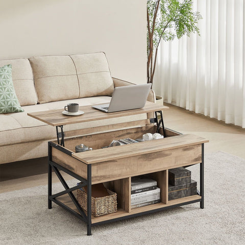 Rootz 2 Tier Coffee Table - Side Table - Chipboard Steel - Adjustable Height - 60cm x 100cm x (48-62)cm - Camel Brown & Black