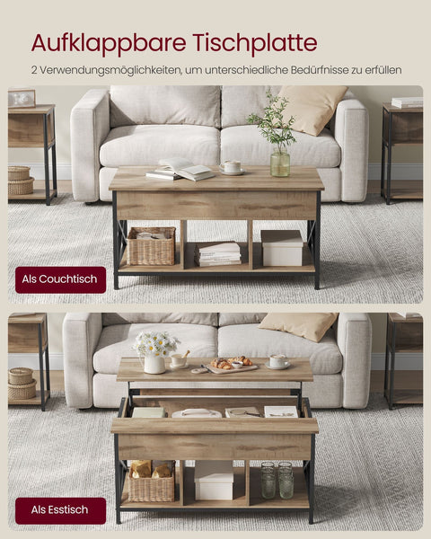 Rootz 2 Tier Coffee Table - Side Table - Chipboard Steel - Adjustable Height - 60cm x 100cm x (48-62)cm - Camel Brown & Black