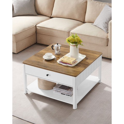 Rootz Modern Coffee Table - 2 Drawer Table - Wood Chipboard - MDF - 80cm x 80cm x 45cm -  Brown-White Finish