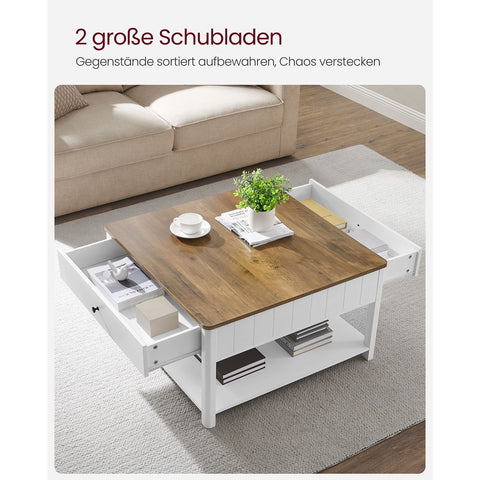 Rootz Modern Coffee Table - 2 Drawer Table - Wood Chipboard - MDF - 80cm x 80cm x 45cm -  Brown-White Finish