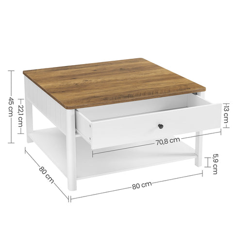 Rootz Modern Coffee Table - 2 Drawer Table - Wood Chipboard - MDF - 80cm x 80cm x 45cm -  Brown-White Finish