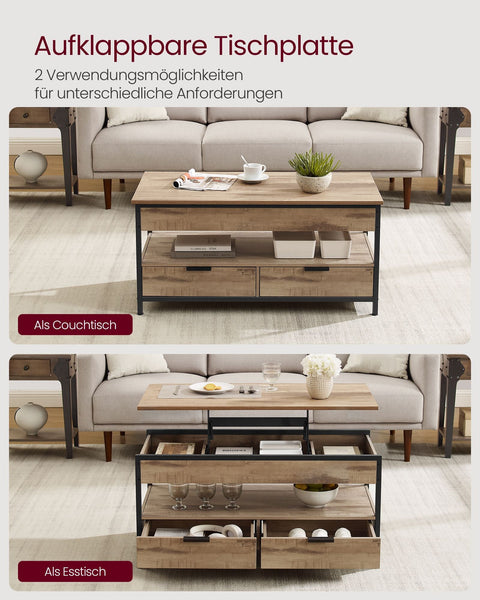 Rootz Coffee Table with Drawers - Storage Compartment - Adjustable Height - Space-Saving - Wooden Chipboard & Steel - 50 x 100 x 48-63cm