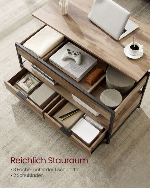Rootz Coffee Table with Drawers - Storage Compartment - Adjustable Height - Space-Saving - Wooden Chipboard & Steel - 50 x 100 x 48-63cm