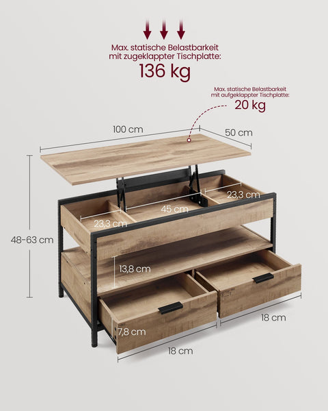 Rootz Coffee Table with Drawers - Storage Compartment - Adjustable Height - Space-Saving - Wooden Chipboard & Steel - 50 x 100 x 48-63cm