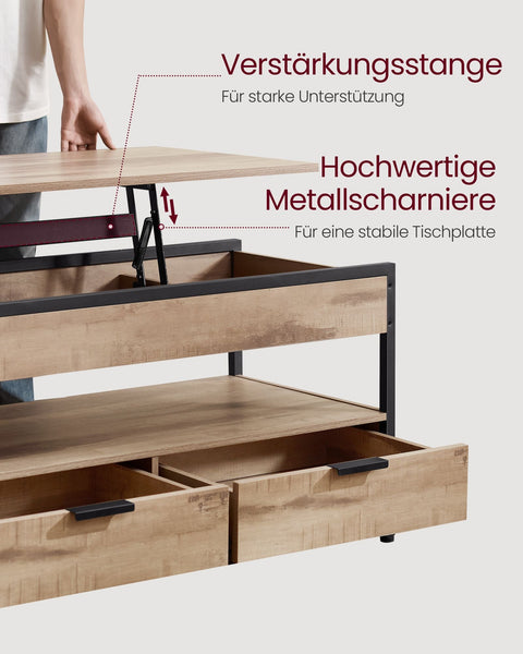 Rootz Coffee Table with Drawers - Storage Compartment - Adjustable Height - Space-Saving - Wooden Chipboard & Steel - 50 x 100 x 48-63cm
