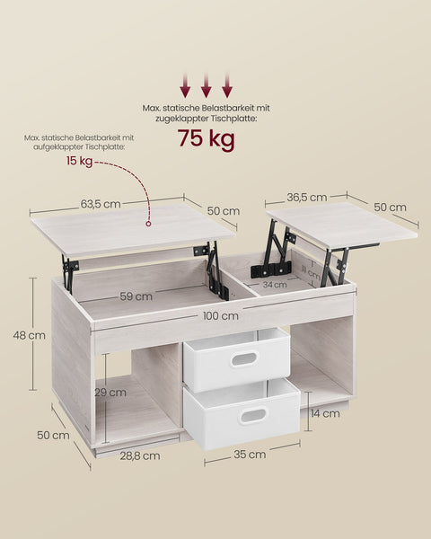 Rootz Coffee Table - Living Room Table - Storage Table - 2 Drawers & Compartments - Brown - 50 x 100 x 48cm/62.3cm