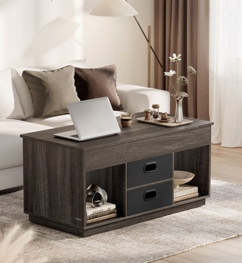 Rootz Coffee Table with 2 Drawers - Storage Table - Ash Brown - Steel & Chipboard - 50cm x 100cm x 48cm/62.3cm - 27.5kg - 75kg Capacity