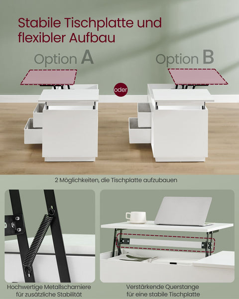 Rootz Coffee Table with 2 Drawers - Storage Table - White - Steel & Chipboard - 50cm x 100cm x 48cm/62.3cm