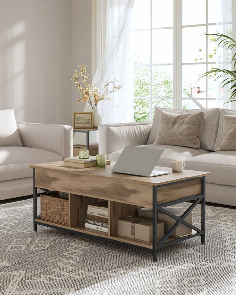 Rootz Coffee Table - Cocktail Table - Living Room Table - Hidden & Open Storage - Wooden Chipboard & Steel - Brown, Black - 60 x 120 x (48-62)cm