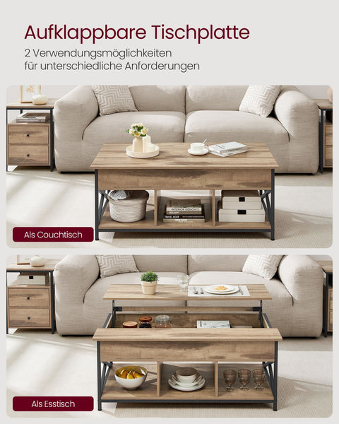 Rootz Coffee Table - Cocktail Table - Living Room Table - Hidden & Open Storage - Wooden Chipboard & Steel - Brown, Black - 60 x 120 x (48-62)cm