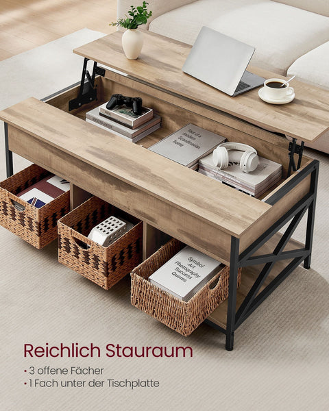 Rootz Coffee Table - Cocktail Table - Living Room Table - Hidden & Open Storage - Wooden Chipboard & Steel - Brown, Black - 60 x 120 x (48-62)cm