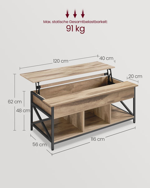 Rootz Coffee Table - Cocktail Table - Living Room Table - Hidden & Open Storage - Wooden Chipboard & Steel - Brown, Black - 60 x 120 x (48-62)cm