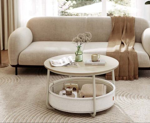 Rootz Side Table with Basket - End Table - Wooden Furniture - Holds 40kg - Brown  White - 75cm x 45cm