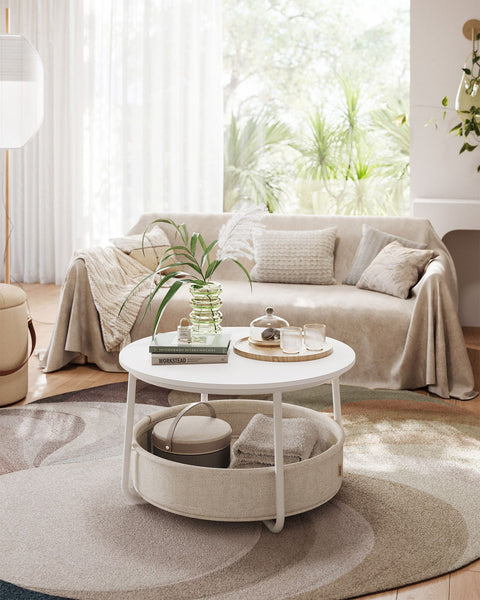 Rootz Side Table Set - End Table - Fabric Basket - Storage Solution - 75cm x 45cm - 71.5cm x 15cm - Matt White - Camel Brown