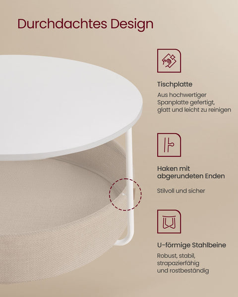 Rootz Side Table Set - End Table - Fabric Basket - Storage Solution - 75cm x 45cm - 71.5cm x 15cm - Matt White - Camel Brown
