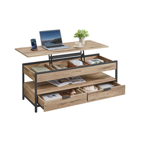 Rootz Coffee Table with Drawers - Wooden Chipboard - Steel - 50x120cm - Adjustable Height 48-63cm - Camel Brown Ink Black