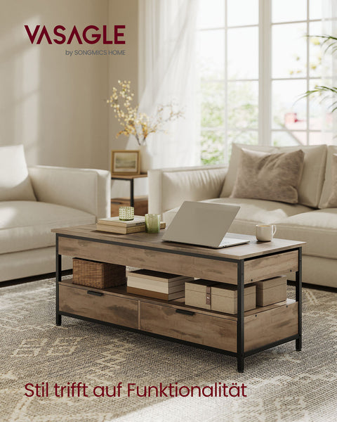 Rootz Coffee Table with Drawers - Wooden Chipboard - Steel - 50x120cm - Adjustable Height 48-63cm - Camel Brown Ink Black