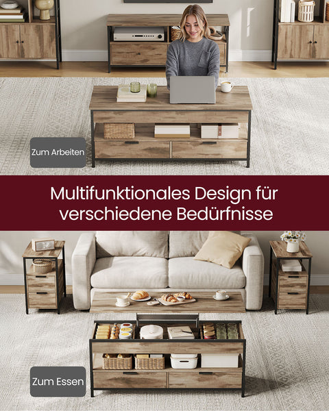 Rootz Coffee Table with Drawers - Wooden Chipboard - Steel - 50x120cm - Adjustable Height 48-63cm - Camel Brown Ink Black