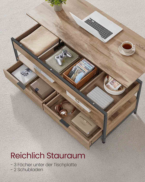 Rootz Coffee Table with Drawers - Wooden Chipboard - Steel - 50x120cm - Adjustable Height 48-63cm - Camel Brown Ink Black