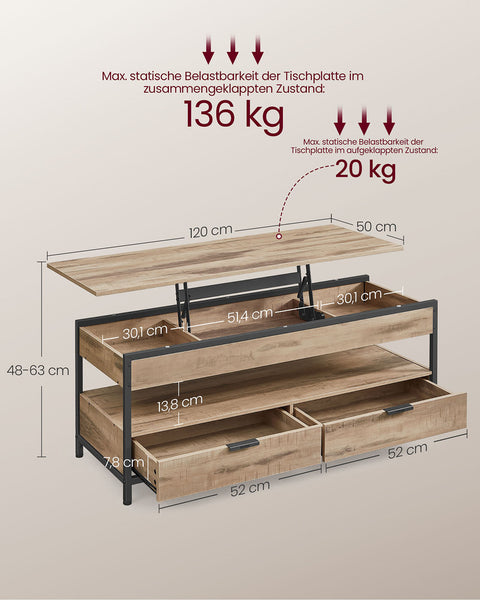 Rootz Coffee Table with Drawers - Wooden Chipboard - Steel - 50x120cm - Adjustable Height 48-63cm - Camel Brown Ink Black