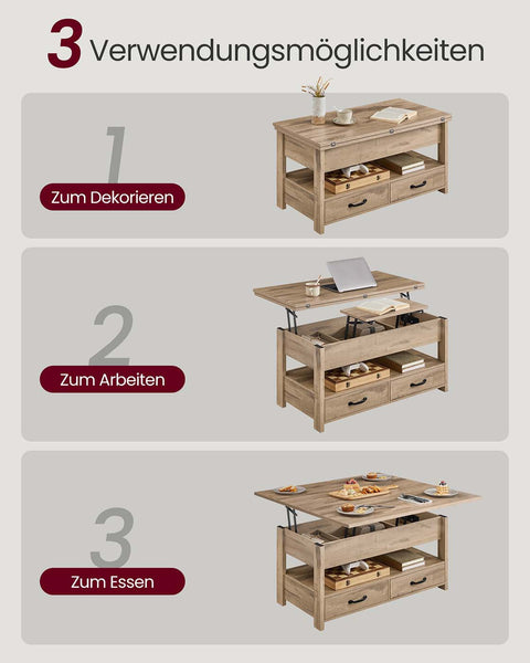 Rootz Height-Adjustable Coffee Table - Lift-top Coffee Table - Multifunctional Table - Storage Solution - 50 x 100 x 49.1/64.1cm - Brown