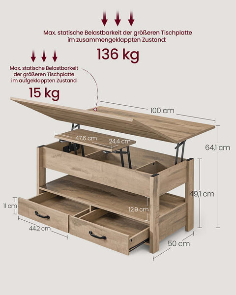 Rootz Height-Adjustable Coffee Table - Lift-top Coffee Table - Multifunctional Table - Storage Solution - 50 x 100 x 49.1/64.1cm - Brown