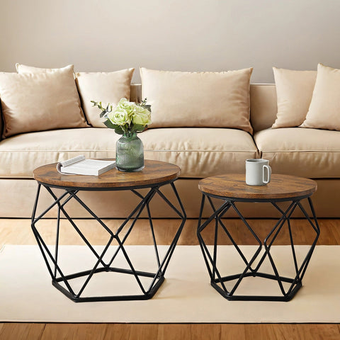 Rootz Nesting Coffee Table Set - Side Tables - Wooden Chipboard - Space-Saving Design - Brown-Black - 60cm x 45cm & 50cm x 40cm