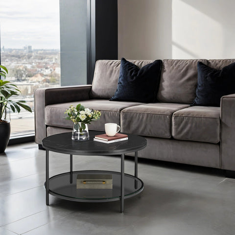 Rootz Coffee Table - Cocktail Table - Living Room Table - Adjustable Height, Marble Black Ink Finish, Wooden Chipboard & Steel, 80 x 46 cm