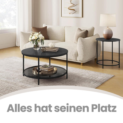 Rootz Coffee Table - Cocktail Table - Living Room Table - Adjustable Height, Marble Black Ink Finish, Wooden Chipboard & Steel, 80 x 46 cm