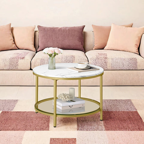 Rootz Marble White-Gold Coffee Table - Stylish Accent Table - Modern Glass Table - Durable Design - 65cm x 46cm