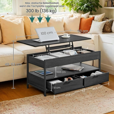 Rootz Coffee Table - Living Room Table - Height-Adjustable Table Top - Space-Saving - 50 x 100 x 48-63cm - Anthracite Gray-Ink Black