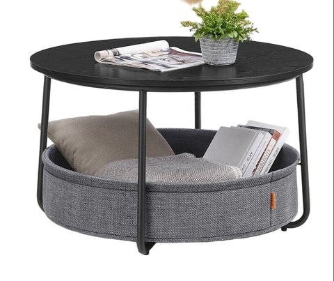 Rootz Side Table with Fabric Basket - End Table - Accent Table - Wooden Chipboard - 75cm D x 45cm H - Ink-Black Slate Gray
