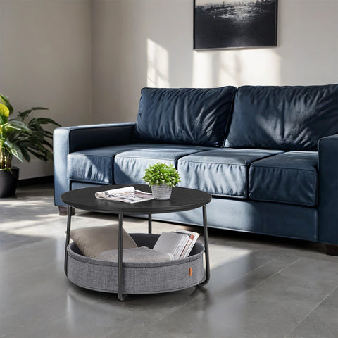 Rootz Side Table with Fabric Basket - End Table - Accent Table - Wooden Chipboard - 75cm D x 45cm H - Ink-Black Slate Gray