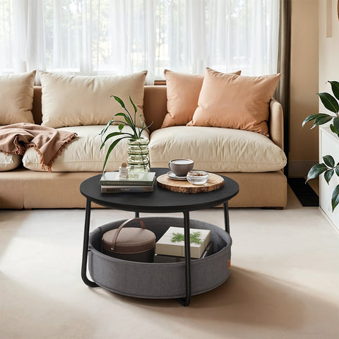 Rootz Side Table with Fabric Basket - End Table - Accent Table - Wooden Chipboard - 75cm D x 45cm H - Ink-Black Slate Gray