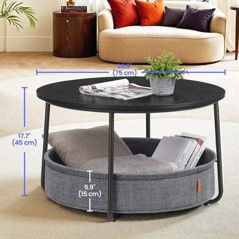 Rootz Side Table with Fabric Basket - End Table - Accent Table - Wooden Chipboard - 75cm D x 45cm H - Ink-Black Slate Gray