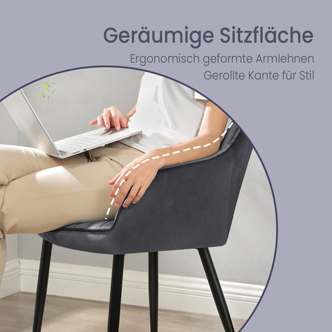 Rootz Elegant Dining Chair - Armchair - Velvet Seat - Comfort Padding - 62.5cm x 60cm x 85cm - Supports up to 110kg