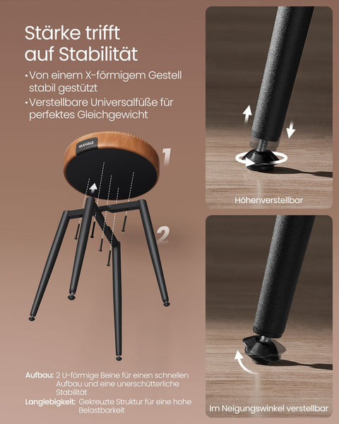Rootz 2 Piece Set Bar Chairs - Kitchen Stools - Counter Height Chairs - Steel Frame - 58D Molded Foam - PU Synthetic Leather - Plywood - Caramel Brown - 48cm x 48cm x 48.2cm - 5kg - Max. Static Load Capacity 120kg