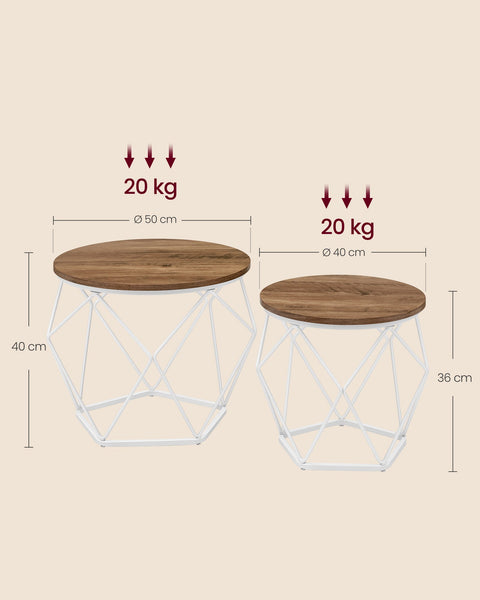 Rootz Coffee Table Set - 2 Piece Nesting Tables - Side Tables - Removable Tabletop - Chipboard & Steel - 50x40cm & 40x36cm