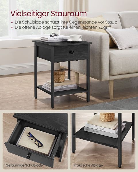 Rootz Ebony Black Bedside Table - Nightstand - Chipboard Steel - 40cm x 40cm x 55cm - Max. 40kg Load Capacity - Drawer Shelf - Easy Assembly