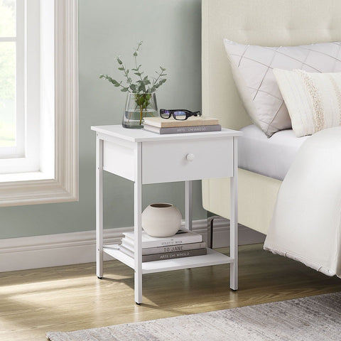 Rootz Matte White Bedside Table - Nightstand - End Table - Chipboard and Steel Construction - 40cm x 40cm x 55cm - 9kg - 20kg Surface Capacity - 10kg Drawer Capacity - 10kg Shelf Capacity - 40kg Total Capacity