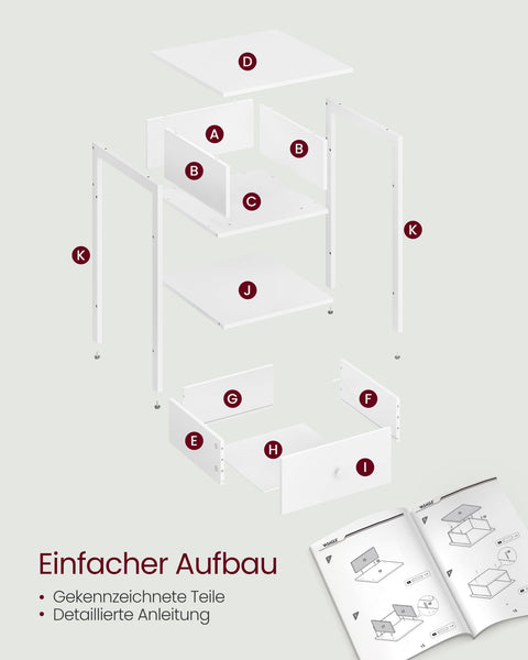 Rootz Nachtkommode Nightstand - Bedside Table - Easy Assembly - White Finish - 40cm x 40cm x 55cm