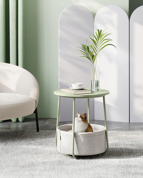 Rootz 3 Piece Set Side Table - Fabric Basket - Storage Organizer - Chipboard Steel Polyester - Laurel Green Cream White - 45cm x 50cm x 50cm - 39.6cm x 18.2cm x 18.2cm - 4.1kg - 35kg Max Load Capacity