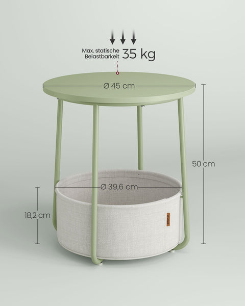 Rootz 3 Piece Set Side Table - Fabric Basket - Storage Organizer - Chipboard Steel Polyester - Laurel Green Cream White - 45cm x 50cm x 50cm - 39.6cm x 18.2cm x 18.2cm - 4.1kg - 35kg Max Load Capacity