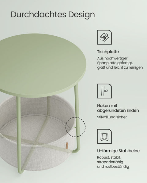 Rootz 3 Piece Set Side Table - Fabric Basket - Storage Organizer - Chipboard Steel Polyester - Laurel Green Cream White - 45cm x 50cm x 50cm - 39.6cm x 18.2cm x 18.2cm - 4.1kg - 35kg Max Load Capacity