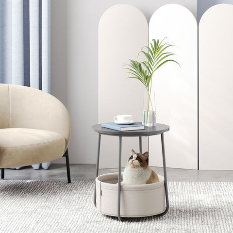 Rootz 3 Piece Set Side Table - Fabric Basket - Storage Organizer - Chipboard Steel Polyester - Cement Gray Cloud White - 45cm x 50cm x 50cm - 39.6cm x 18.2cm x 18.2cm - Lightweight - Durable - Easy Assembly