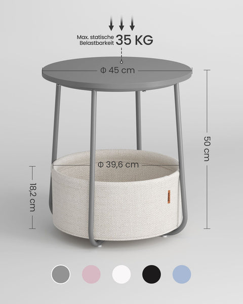 Rootz 3 Piece Set Side Table - Fabric Basket - Storage Organizer - Chipboard Steel Polyester - Cement Gray Cloud White - 45cm x 50cm x 50cm - 39.6cm x 18.2cm x 18.2cm - Lightweight - Durable - Easy Assembly