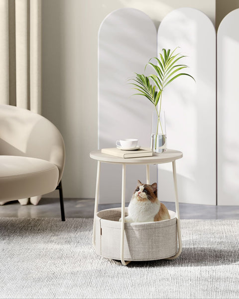 Rootz 3 Piece Set Side Table - Beige Table - Chipboard Steel Polyester - Storage Basket - Lightweight - Sturdy Construction - 45cm x 50cm x 50cm