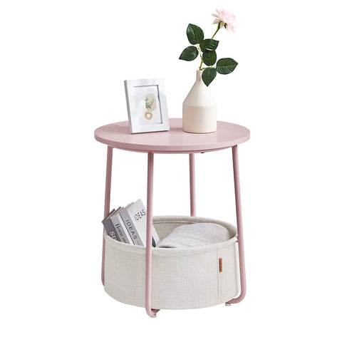 Rootz 3 Piece Set Side Table - Fabric Basket - Pastel Pink Cloudy White - Chipboard Steel Polyester - Storage Solution - Easy Assembly - Lightweight - 45cm x 50cm x 50cm