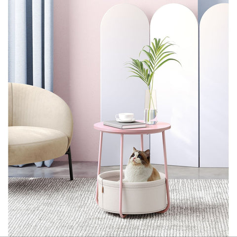 Rootz 3 Piece Set Side Table - Fabric Basket - Pastel Pink Cloudy White - Chipboard Steel Polyester - Storage Solution - Easy Assembly - Lightweight - 45cm x 50cm x 50cm